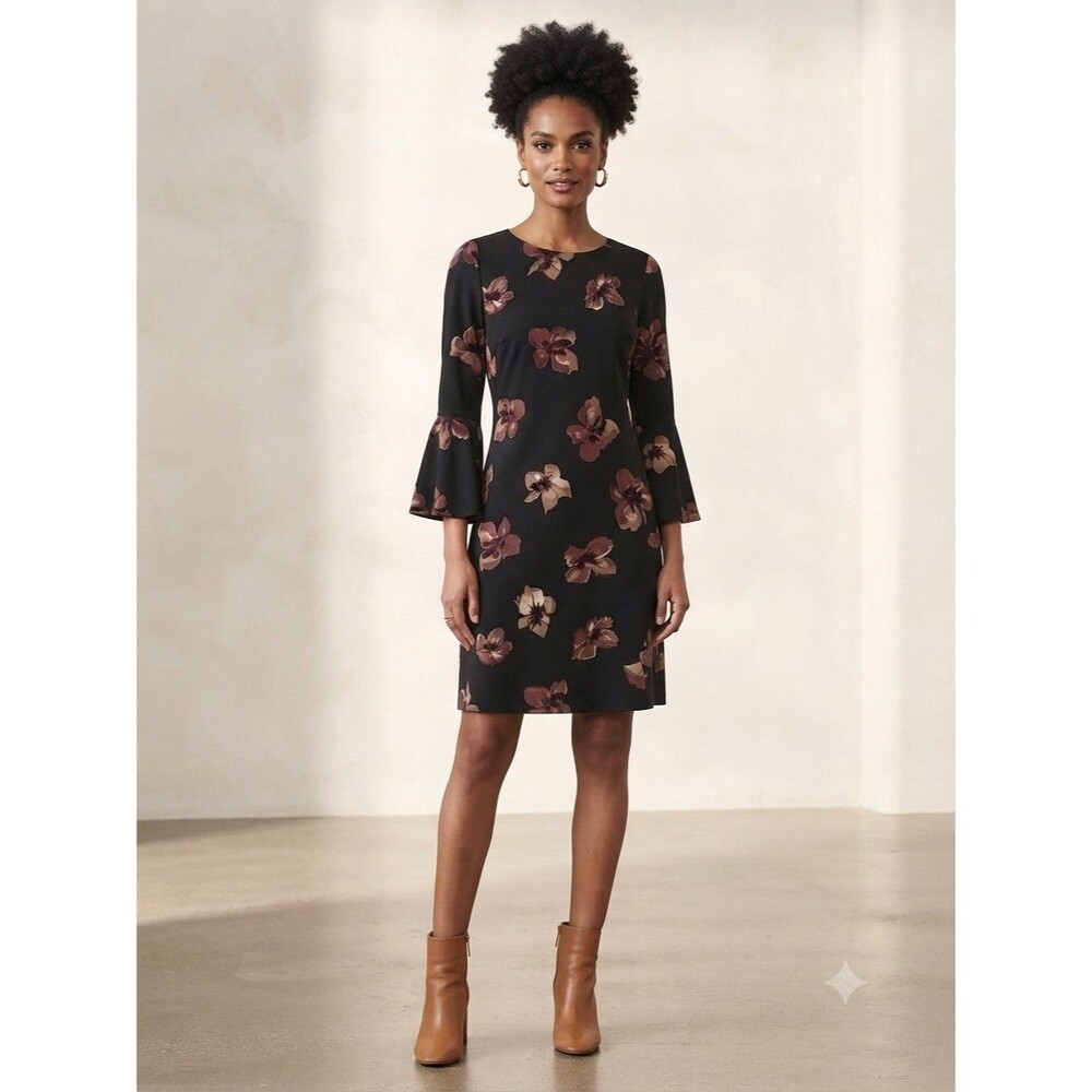 Tommy Hilfiger Black & Tan Floral Long Bell Sleeve Jersey Shift Dress